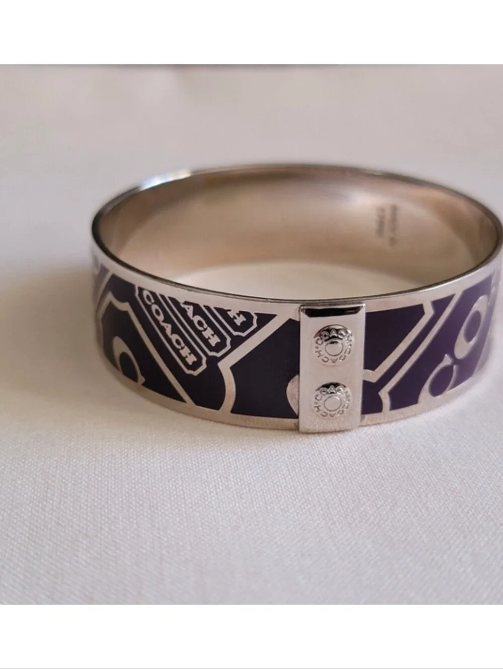 Coach Purple Silver Tone Logo Bangle Bracelet 7.5 Inch Women’s EUC